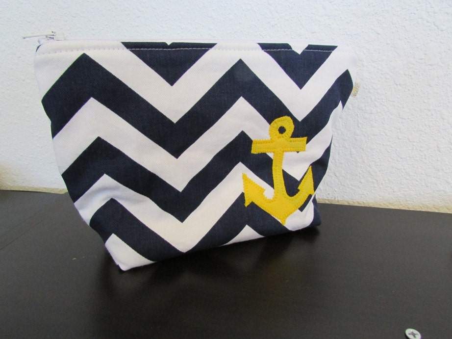 Navy Cosmetic Case - Bright Yellow Anchor - Anchor Cosmetic Case - Nautical - Beach - Summer
