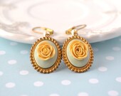 Gold flower earrings , floral cameo , victorian earrings