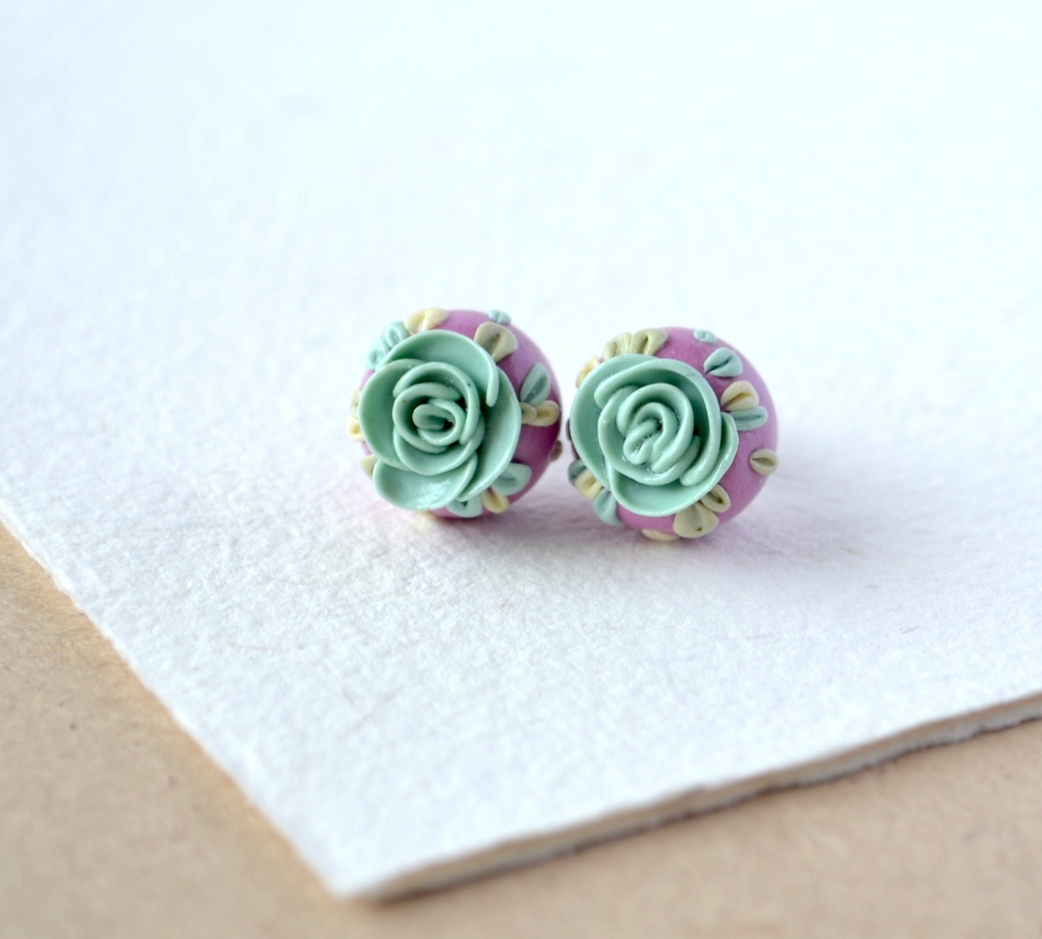 Blue stud earrings pastel - rose flower earrings - romantic jewelry