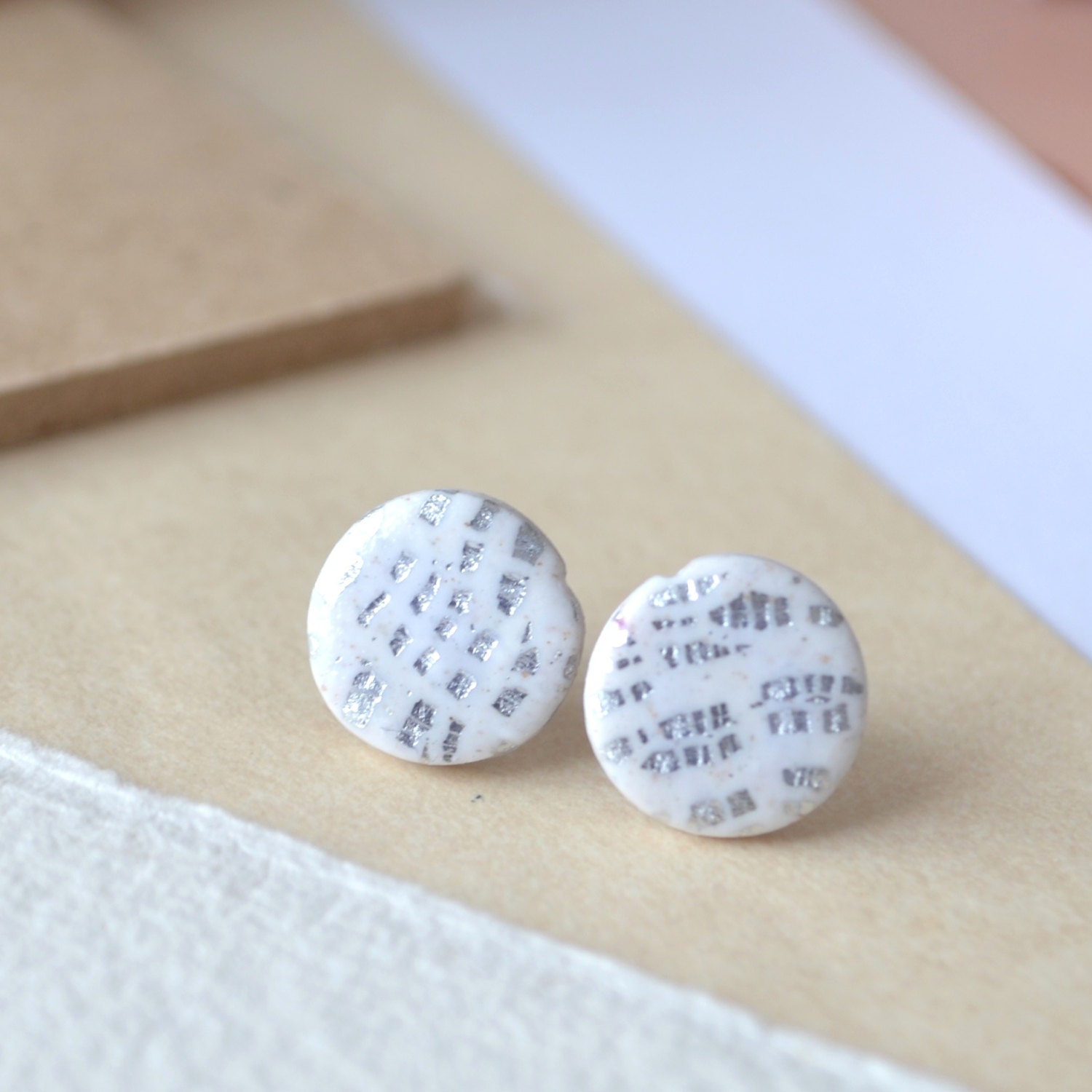 White studs, small post earrings, surgical steel