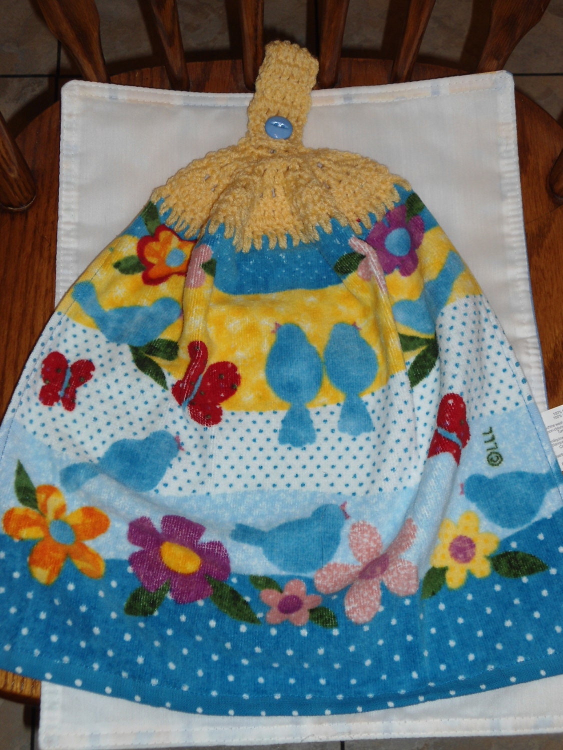 Blue Birds and Flowers Crochet Top Kitchen or Bathroom Towel