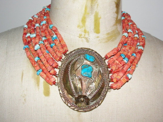 Massive Navajo Native American Sponge Red Coral Bead and Turquoise Nugget Necklace