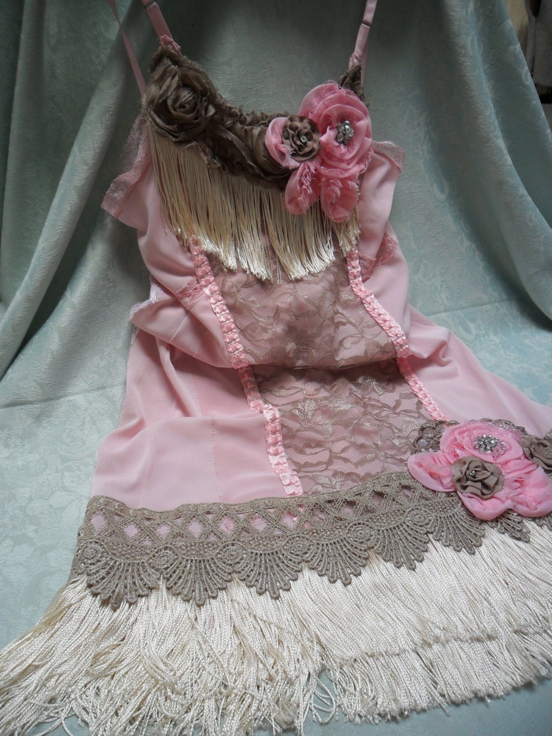 FLAPPER Great Gatsby 1920s Speakeasy Jazz Age Roaring 20s - Vintage Slip Make Over - Pink, Taupe and Cream