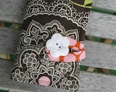 Tea Bag Wallet or Holder in Cream Lacework Flowers on Dark Brown