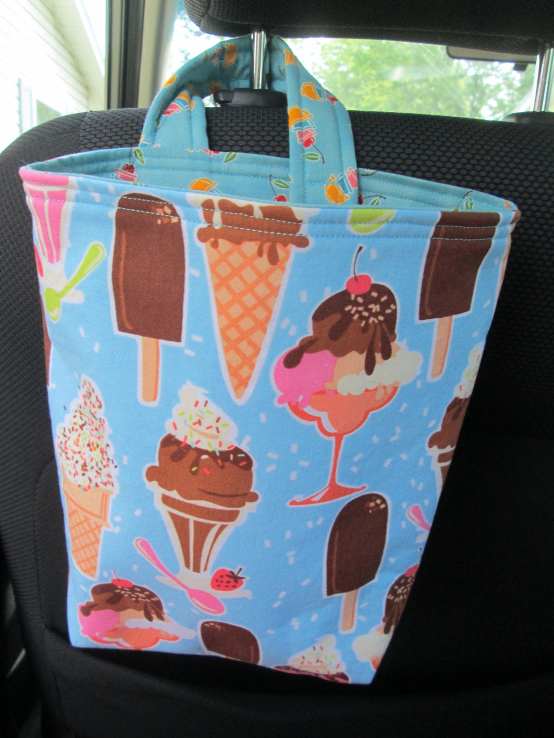 Car Trash or Litter Bag Reusable in Sweet Treats on Light Blue