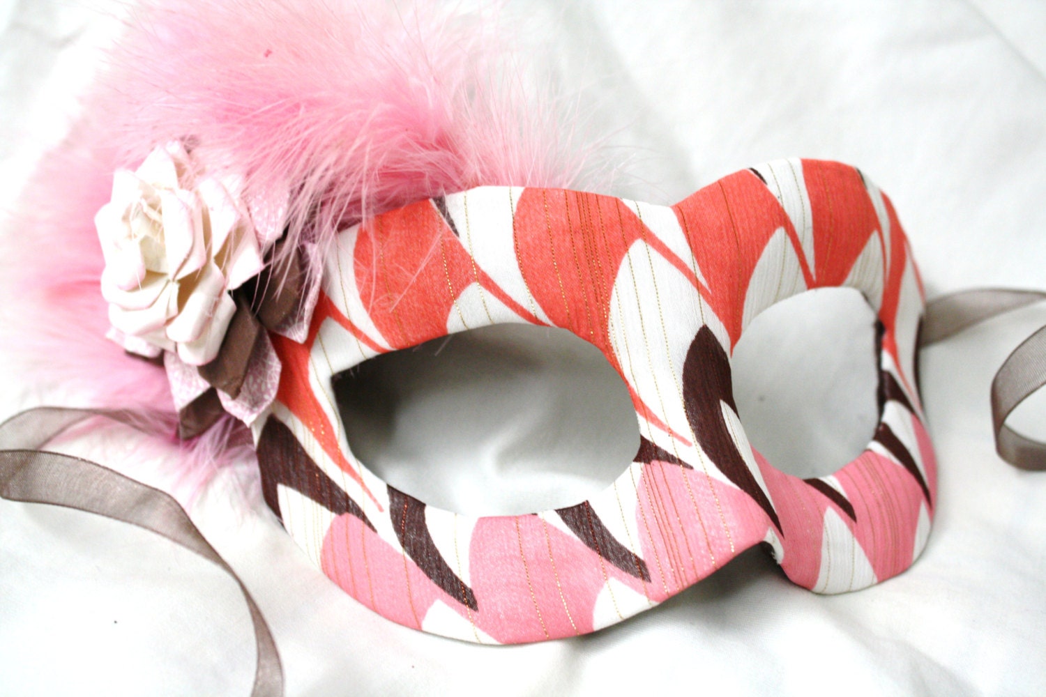 Candy - Masquerade Ball Mask in Persimmon, Coral Pink, and Brown - Vintage Mod Fabric