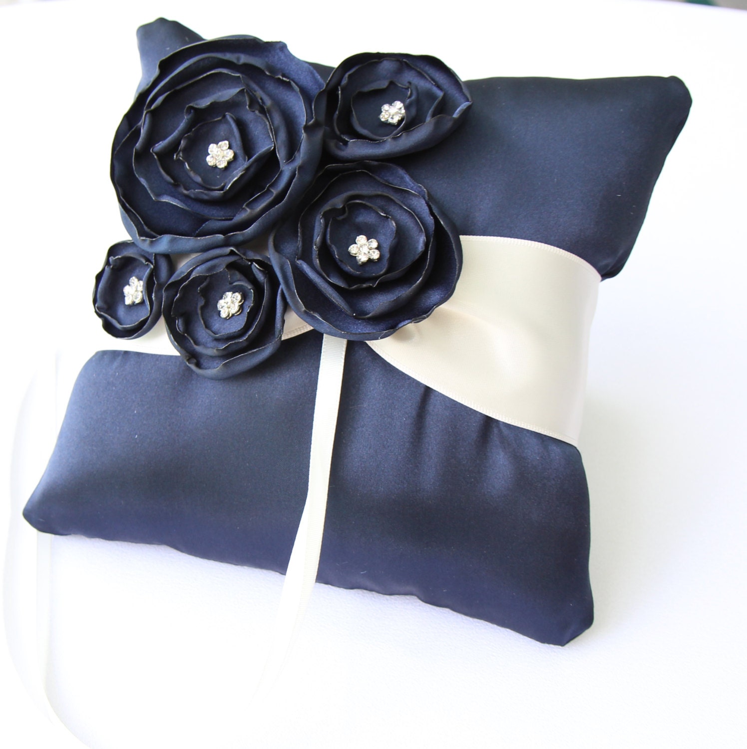 Wedding Navy Blue And Ivory Satin Ring Bearer Pillow More Colors Available