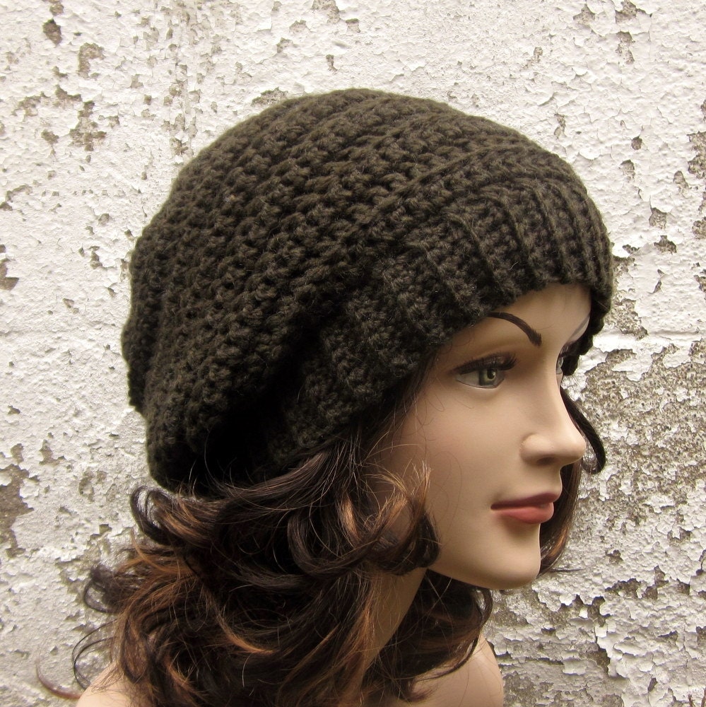 Dark Brown Womens Slouch Beanie - Ladies Slouchy Crochet Hat - Oversized Ribbed Cap - Chunky Hat