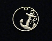 Spain - cut coin pendant / good luck charm - w/ Anchor for Seafaring Individual - 1949