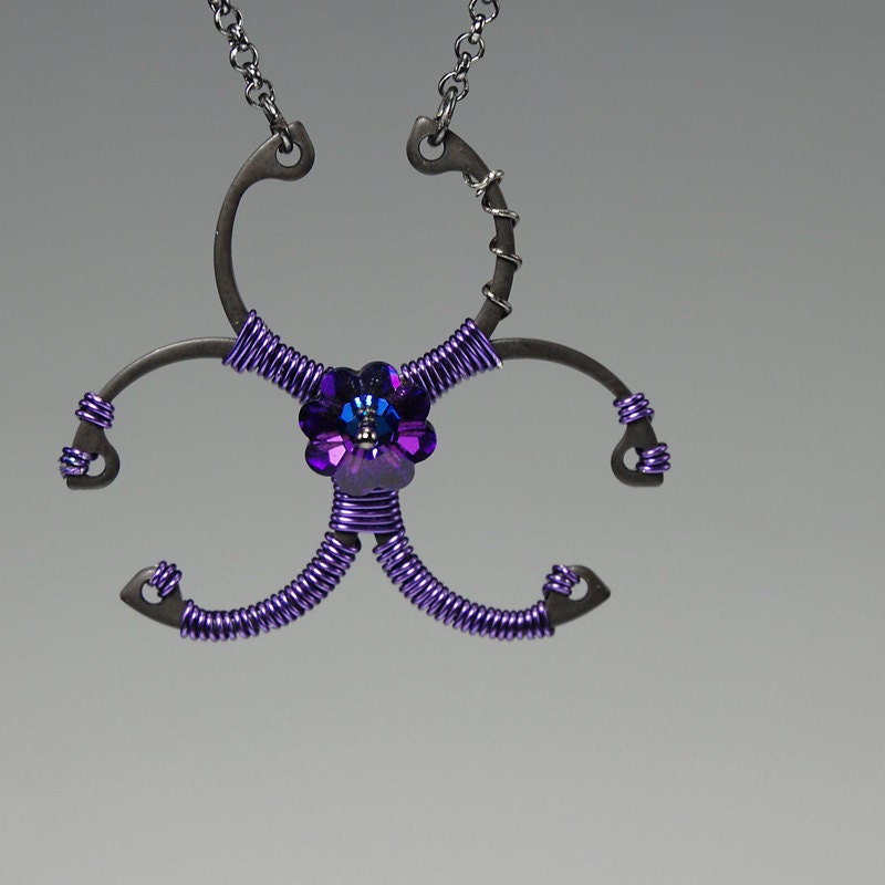 Biohazard Purple v3: Bold industrial wire wrapped necklace with purple wire and heliotrope Swarovski crystals