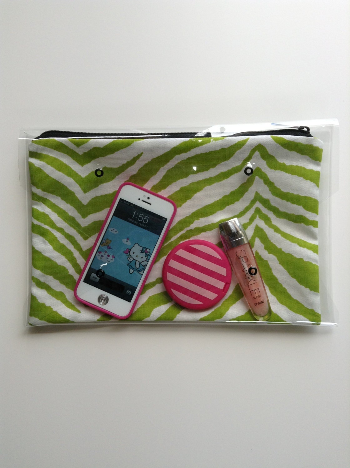 2 in 1 Clear and Lime Green Zebra Envelope Clutch