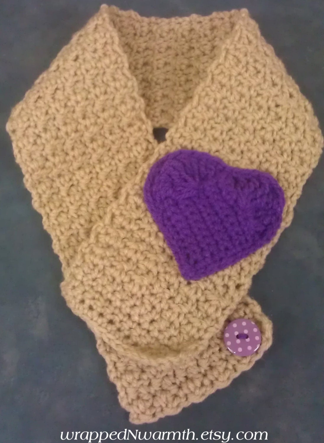 Handmade Crocheted Beige Scarflett, Cowl, Neckwarmer with Crocheted Purple Heart