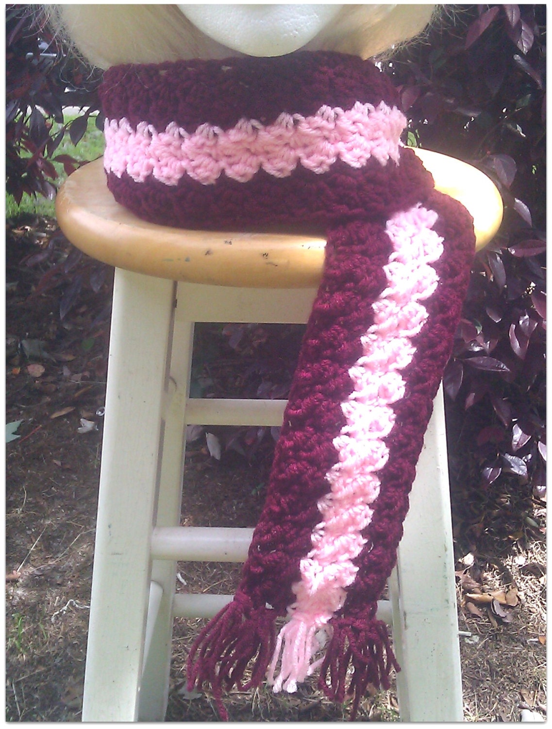 Handmade Crocheted Burgundy and Pink Scarf