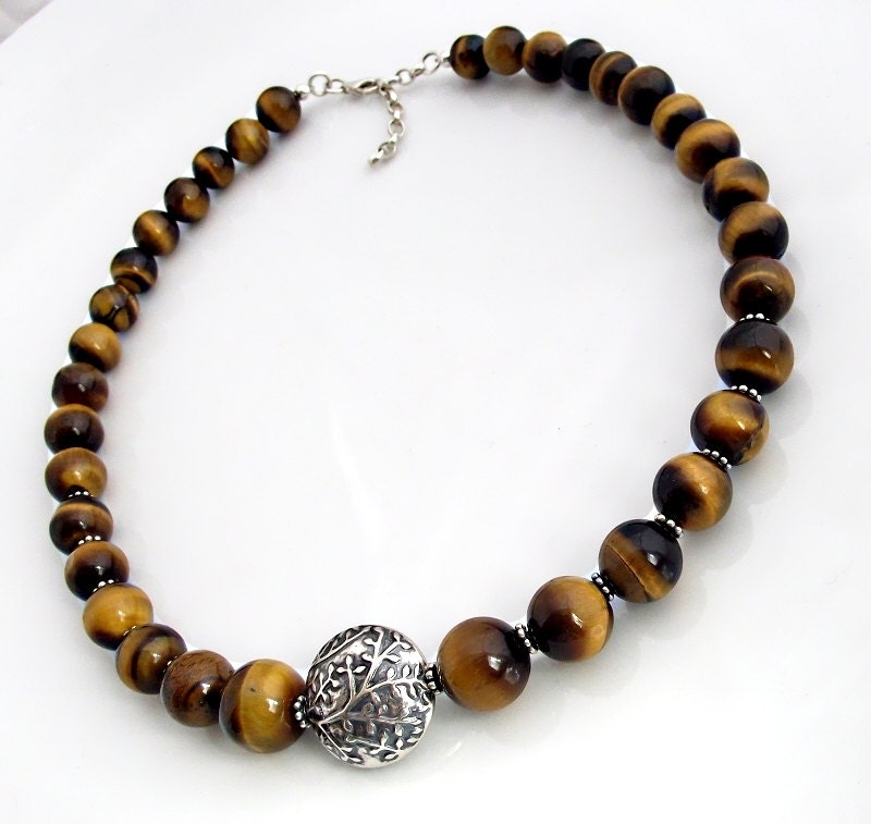 Tiger eye necklace with sterling silver bali beads (tiger eye choker)