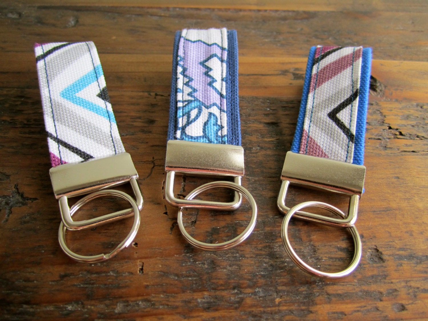 Fabric Keychain- Set of 3 in Blue Chevron & Southwest Print.