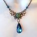 Wire Work Pendant Necklace - Swarovski Peacock Blue Crystal Pendant - Rhinestone Encrusted Slider Bead - Peacock Colors