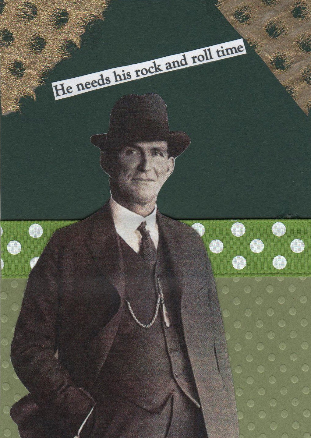 Handmade Collage Art Card Handmade Word Art Vintage Style Whimsical Geekery Original Quirky Handsome Retro Man -- He's A Rock and Roller
