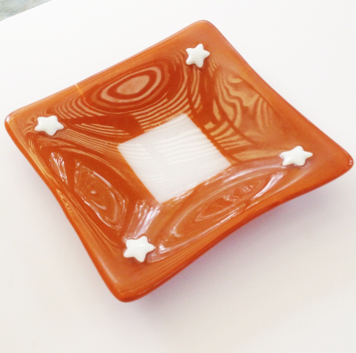 Burnt orange fused glass plate with stars 6" square// stars plate //burnt orange white fused glass dish - texas - longhorns -  soapdish - LotsaShimmer