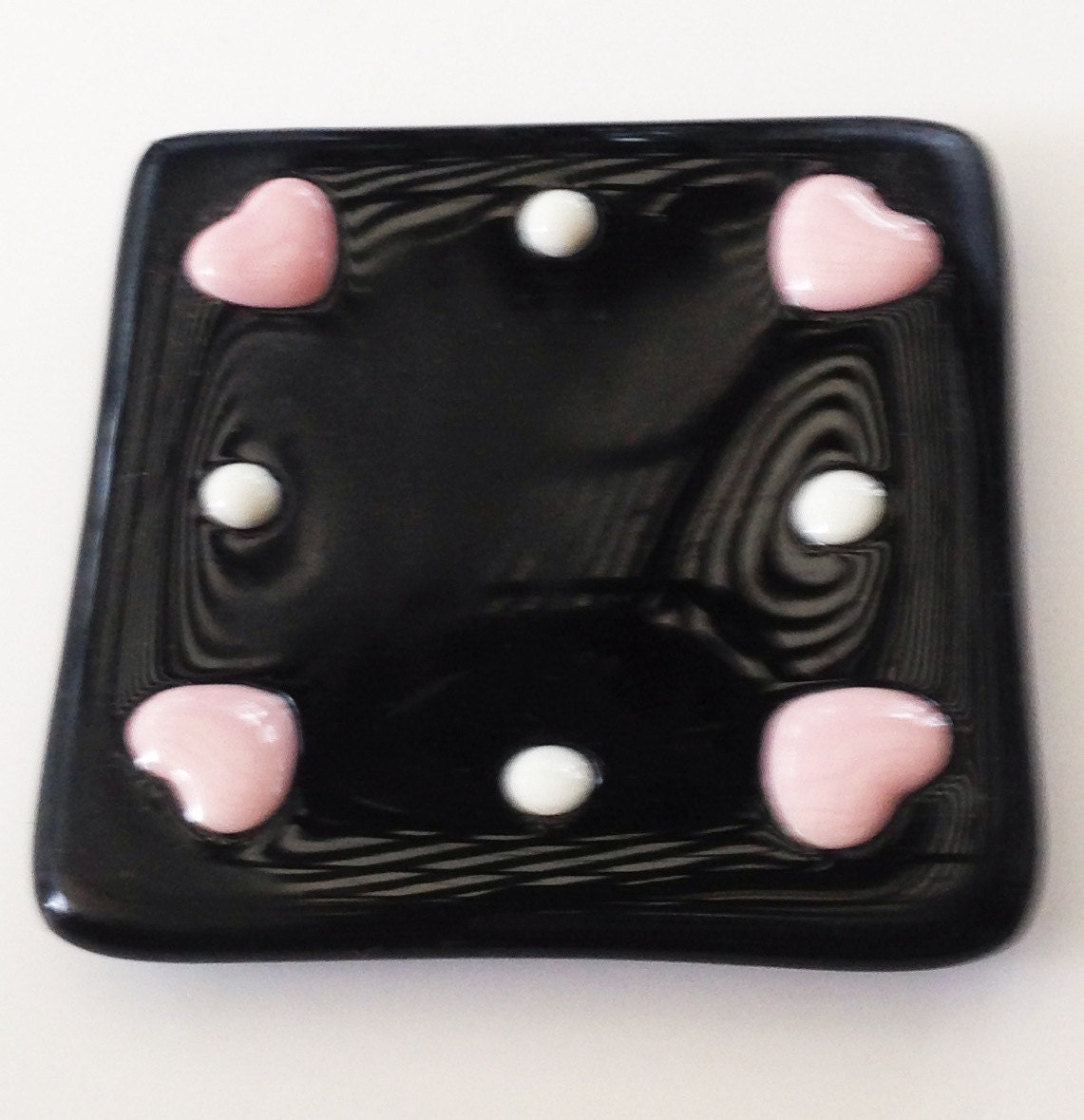Black fused glass plate with pink hearts 3.5" square - hearts plate - black pink  white fused glass dish - Mother's Day gift