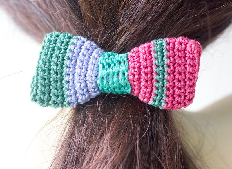 Striped Bow Hair Scrunchie, Hand Crocheted Scrunchy Hair Tie, Aqua, Blue, Hot Pink Cotton