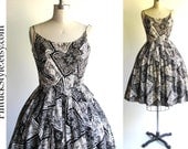 XS 50s Sun Dress, Full skirt style Vintage, Mad Men, Rockabilly, Retro style in Black and White Bandana Pattern
