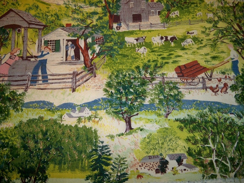 Vintage 1950s Folk Art Barkcloth Fabric Farm Scene