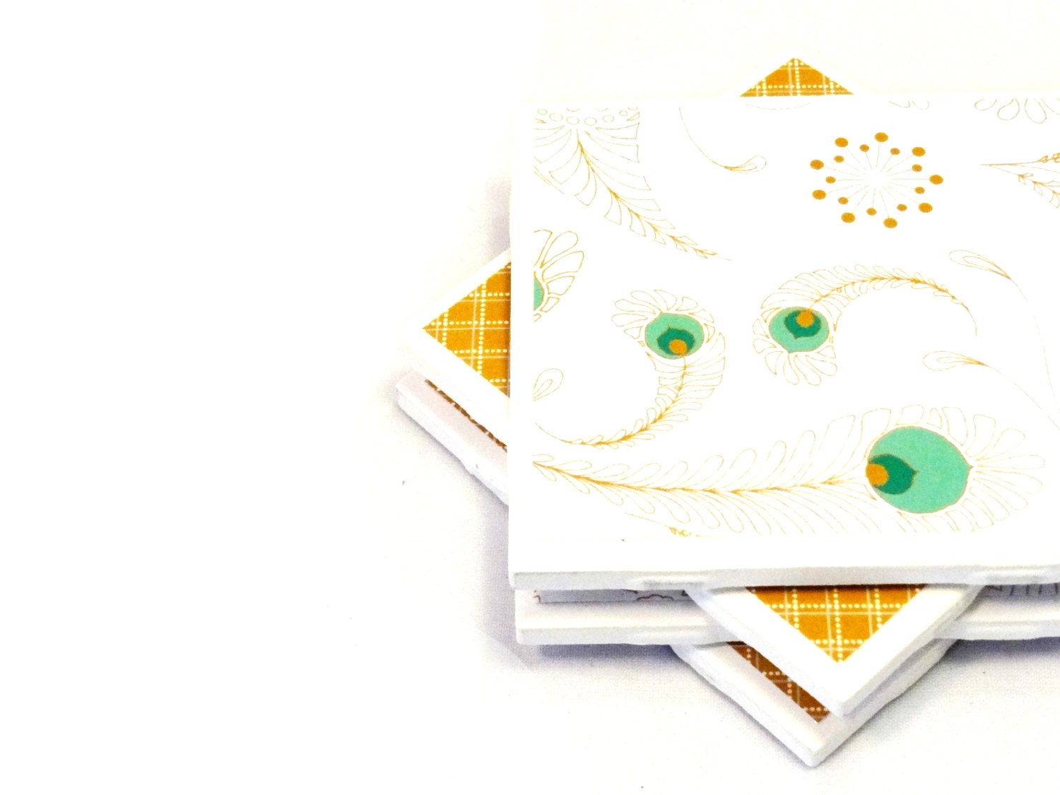 Teal, Gold and White Floral Coasters - Set of Four