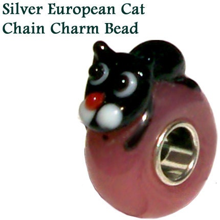 MERZIEs animal sterling silver lampwork glass European CHARM spacer bead - mauve black cat