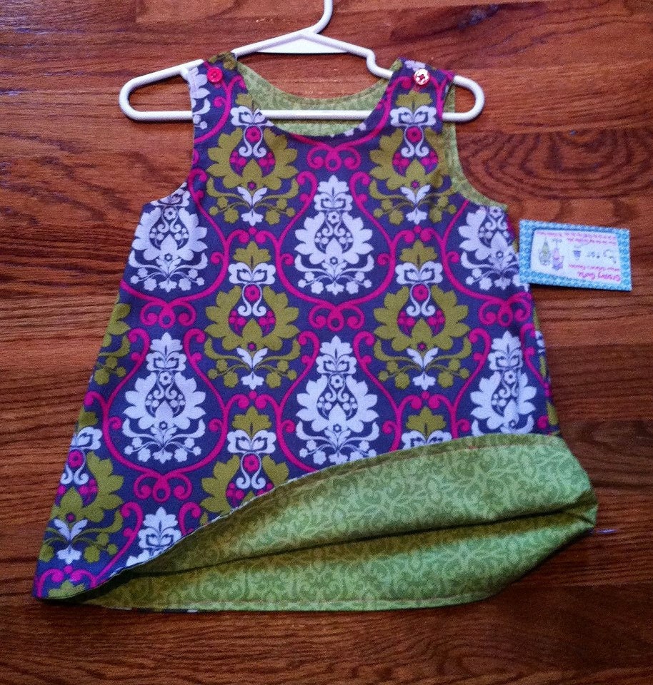 Reversible A Line  Dress Pink and Grey Damask by Groovy Gurlz Sizes 2t, 3t, 4t, 5y, 6y
