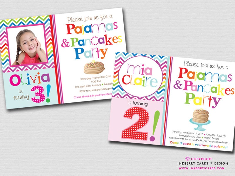 Rainbow Chevron Pancakes and Pajamas - Birthday Party Invitation (Digital File - Printed Cards Also Available)