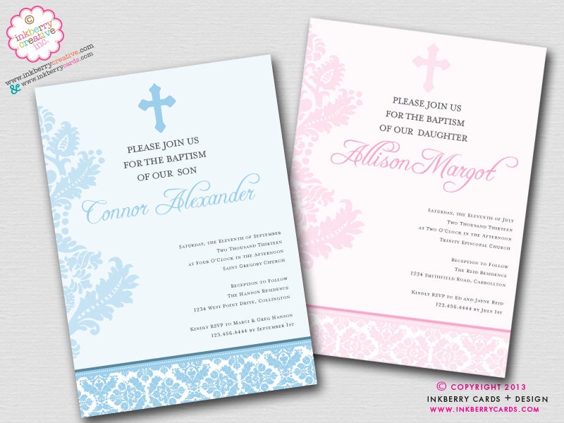 Darling Damask Baptism Invitation (Digital File OR Cardstock Printed Cards Also Available) Il_570xn