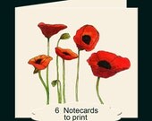 Digital Notecard Set POPPIES  6 notecards to print yourself 2.5 inches square