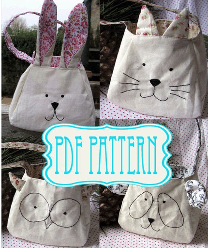 DIY sewing pattern bag, instant download, Rabbit, Panda, Owl, Kitty bag, gift bag. Sewing Pattern - Make Your Own
