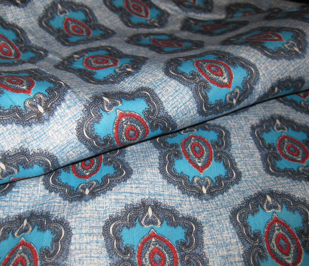 1950s Vintage Cotton Fabric - Classic Fifties Print - Rockabilly - Bright Cyan Blue and Warm Gray