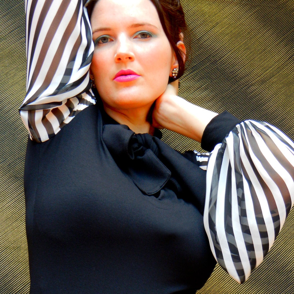 Black Blouse w Bow and BW Striped Full Sleeve, Women's Jersey Knit Blouse w Black & White Stripe Sleeve, Bow Tie at Neck.