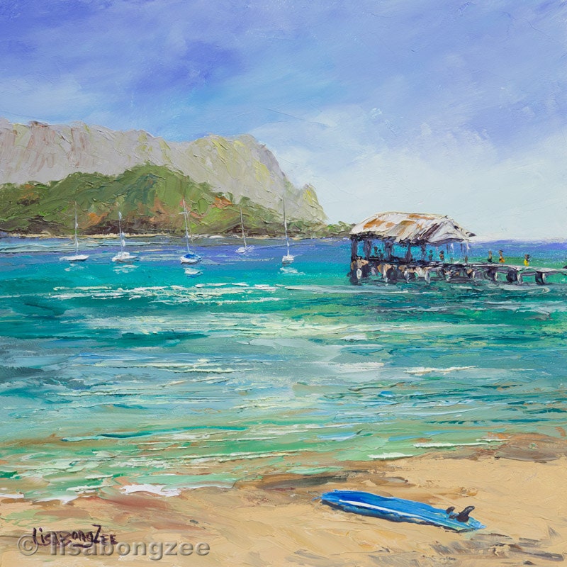 HANALEI BAY KAUAI Framed Original Oil Painting Art Artwork Pier Surfboard Sailboat Tropical Ocean Surf Garden Isle Hawaii Island Lisabongzee