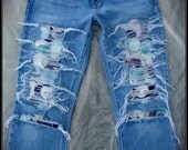 Size-6L  Handmade Custom American Eagle Super Destroyed Patched Swarovski crystal jeans