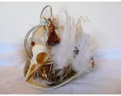 Caged Critters - Ivory Color Mini Top Hat with Bird Skull and Cage