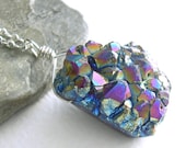 Rainbow Druzy Necklace, Titanium Crystal Pendant, Metallic Raw Stone Jewelry