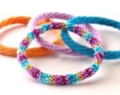 Crochet Bracelet Fiber Bracelet  Shabby Chic Bangle Fine Thread Icord Teal Purple Light Orange Berry