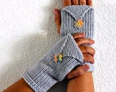 Knit Wrist Warmers Fingerless Gloves Arm Warmers Fingerless Mittens Hand Warmers Gauntlets With Peach Grey Yellow and Green Applique