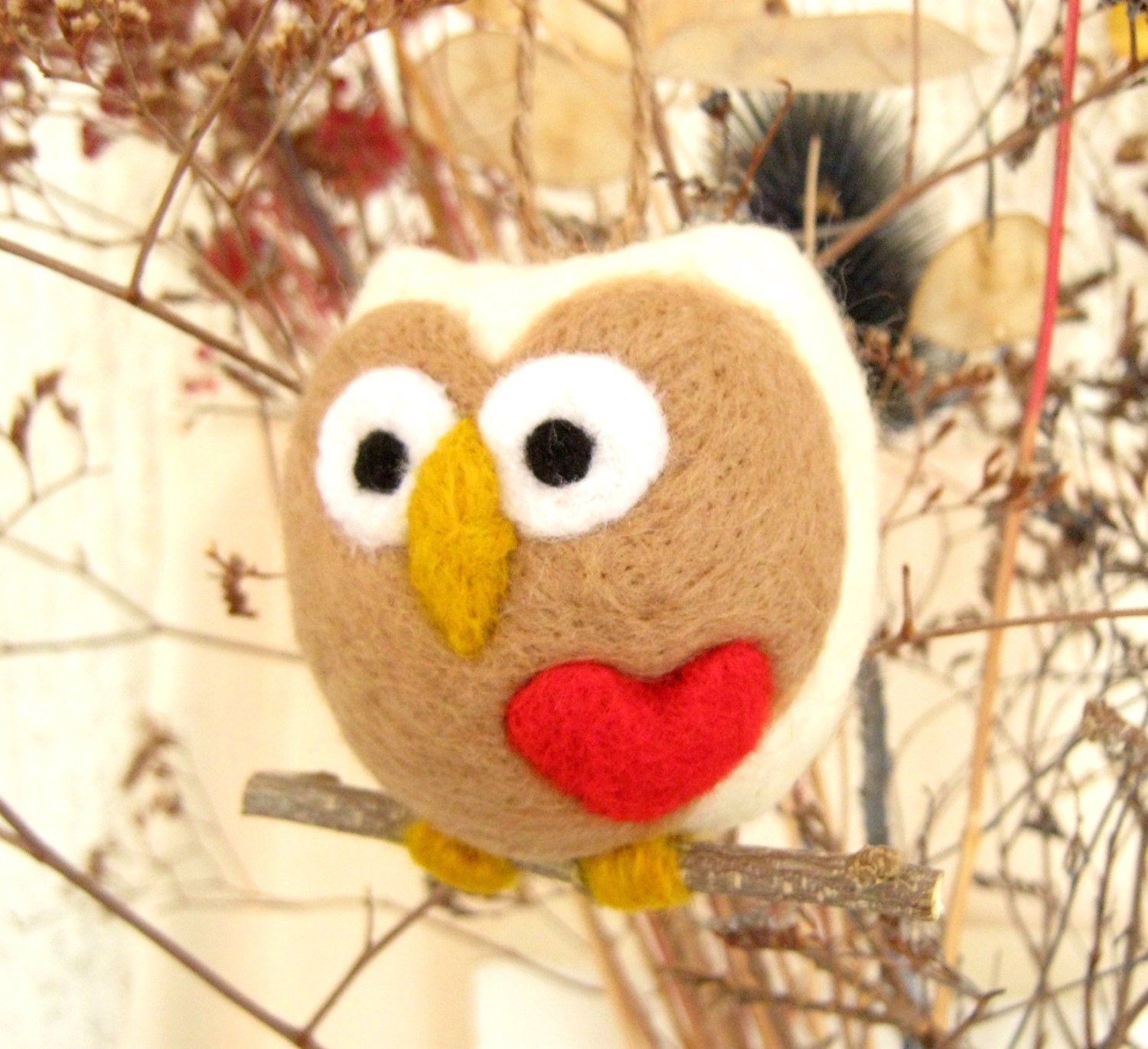 Needle Felted Owl Ornament - Wool Hoot Love Heart  - Mothers Day - Valentine