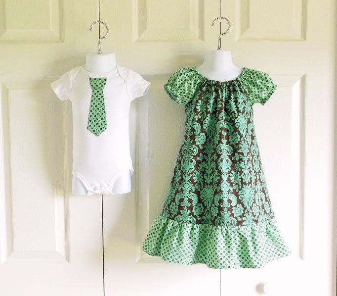 Brother Sister Matching Outfits - Girls Peasant Dress Boys Tie Onesie or Tie Tshirt - Teal and Brown Damask and Dots