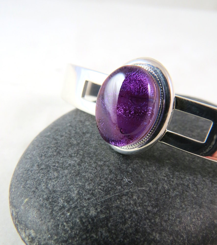 Amethyst Purple Bracelet - Fused Glass and Silver Bangle - Adjustable Bracelet - Ready to Ship