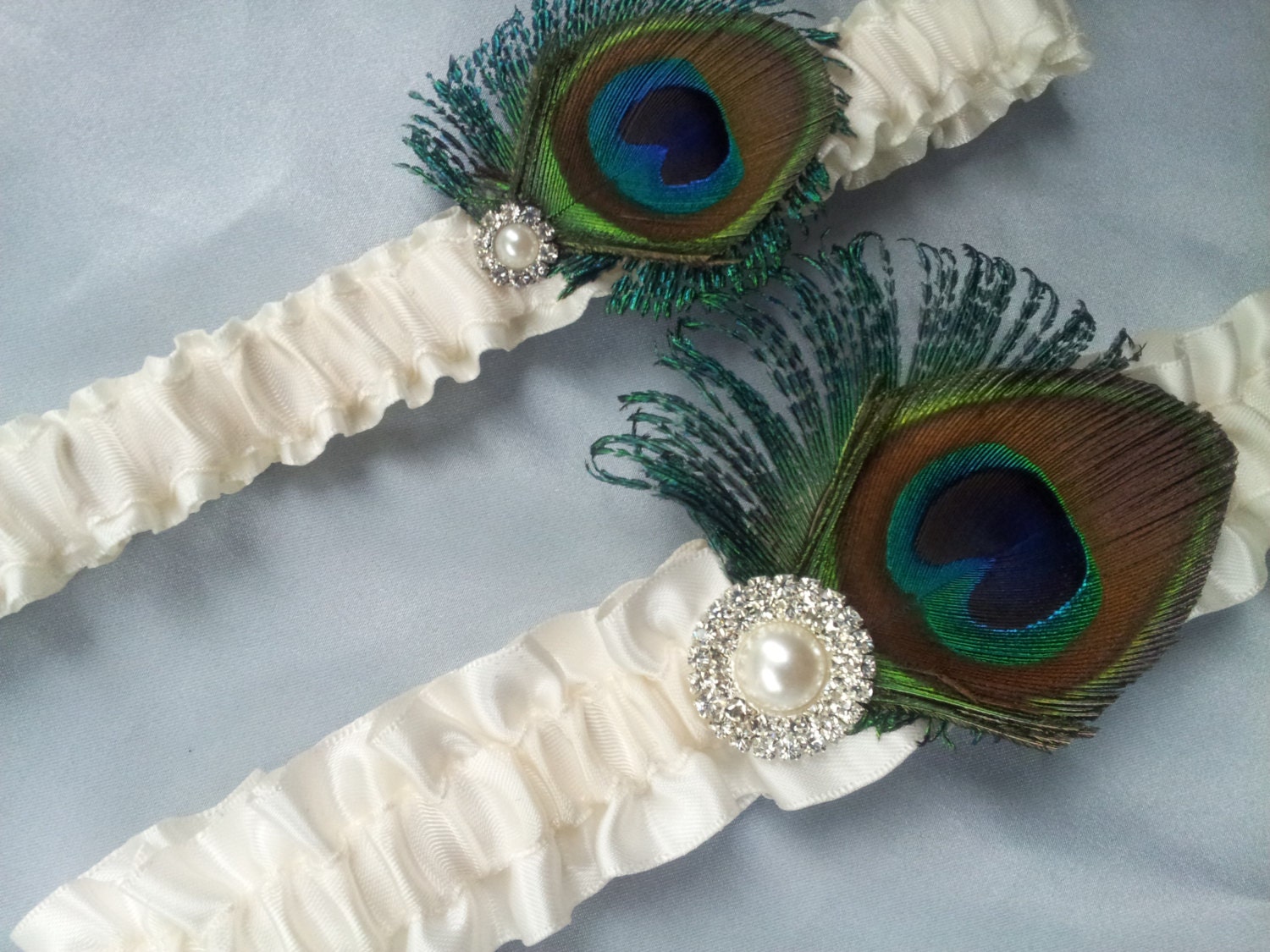 Ivory Peacock Garter Set Pearl Rhinestone Accented Sheer Peacock Feather Bridal Wedding Garter Set