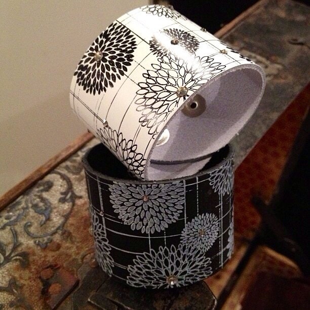 White OR black leather flower cuff with black and white flower pattern