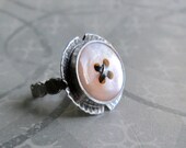 RING sterling silver hammered floret with fine bezel set pink shell button
