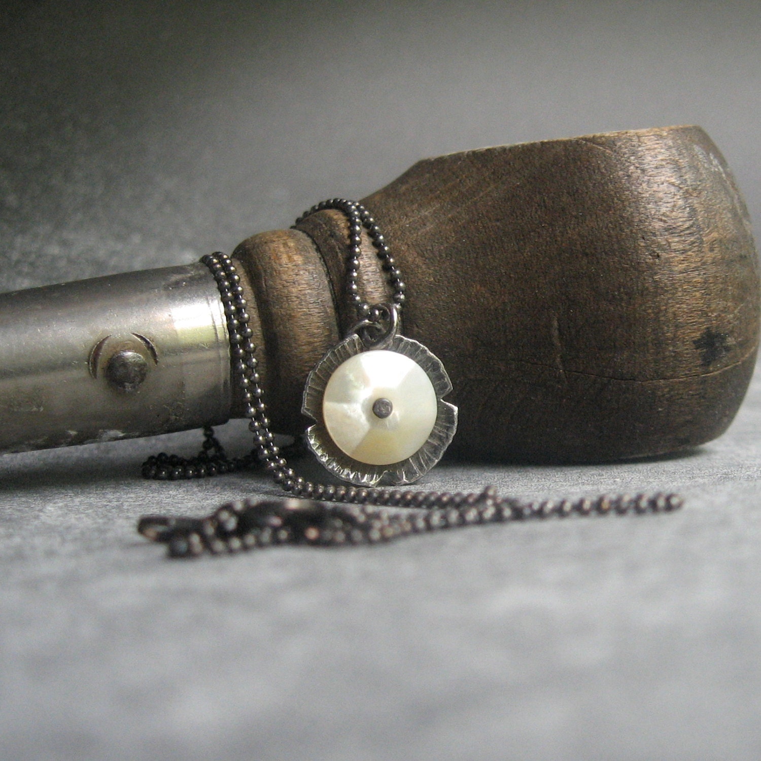 PENDANT oxidized sterling mini floret and old button