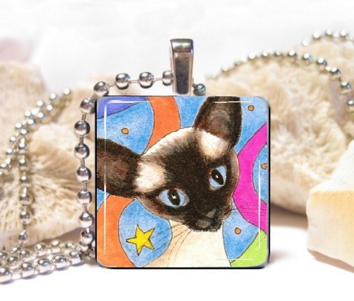 Wood Art Pendant 1x1 Jewelry Necklace from art painting Cat 480 siamese by L.Dumas