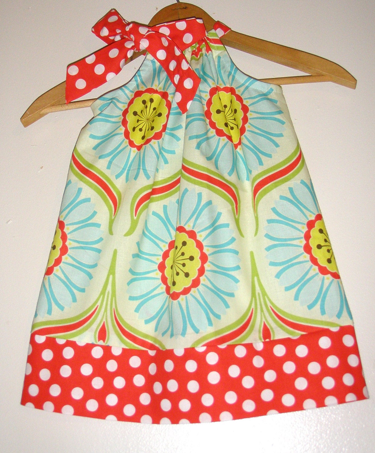 Pop Daisy red teal  Infants  piillowcase dress  sizes xx small 3 to 9 months xsmall 9 to 24 months